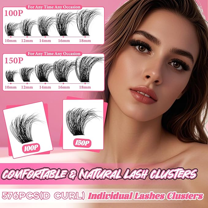 Gmagictobo Lash Clusters Kit 560Pcs Cluster Eyelash Extensions Volume 100D 150D Eyelash Clusters D Curl Lashes Clusters DIY Individual Lash Clusters Eyelash Glue Lash Tweezers