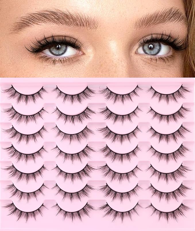 False Lashes Natural Look Wispy Eyelashes Manga Korean Spiky 16mm Short Faux Mink Eyelashes Cat Eye Natural Fake Eyelashes Strip Lashes Pack 14 Pairs