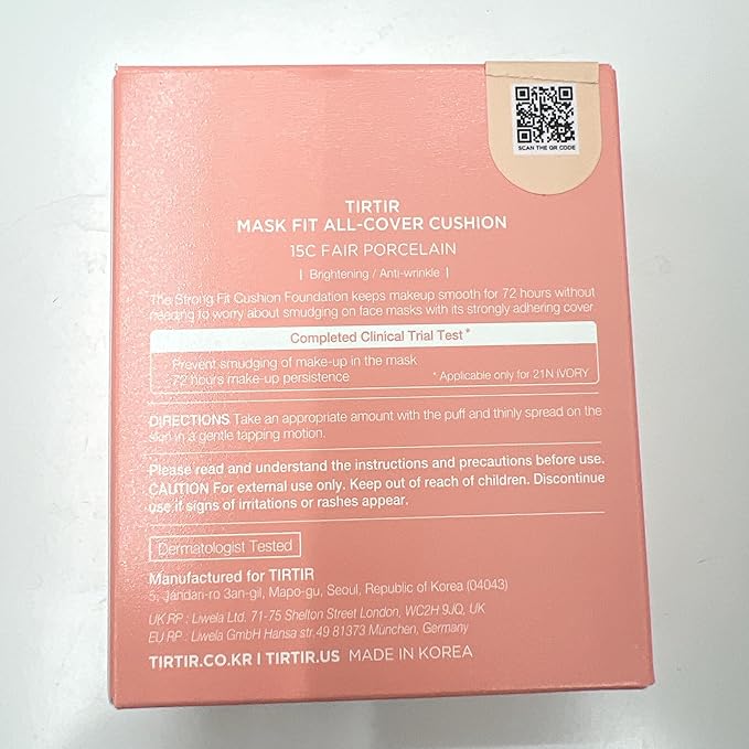 TIRTIR Mask Fit All Cover Pink Cushion Foundation | High coverage, Velvety Matte Finish, Lightweight, Flawless, Corrects Redness, Korean Cushion (#15C Fair Porcelain, Full Size, 0.63 Fl Oz)