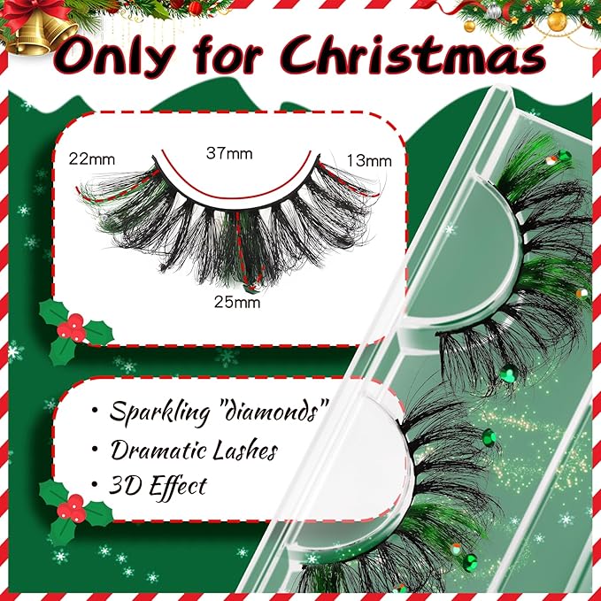 Veleasha Lashes Kit Christmas Eyelashes Green Fluffy Volume False Eyelashes for New Year With Waterproof Black Lash Glue and Tweezers 100% Handmade Santa Lashes (Jingle Bells)