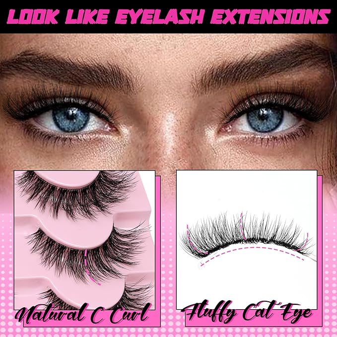 Veleasha Natural Lashes Fluffy Eyelashes Cat Eye Lashes 7 Pairs 8-15mm Clear Band False Eyelashes C Curl Wispy Faux Mink Lashes Soft 100% Handmade Fake Eyelashes (C01)
