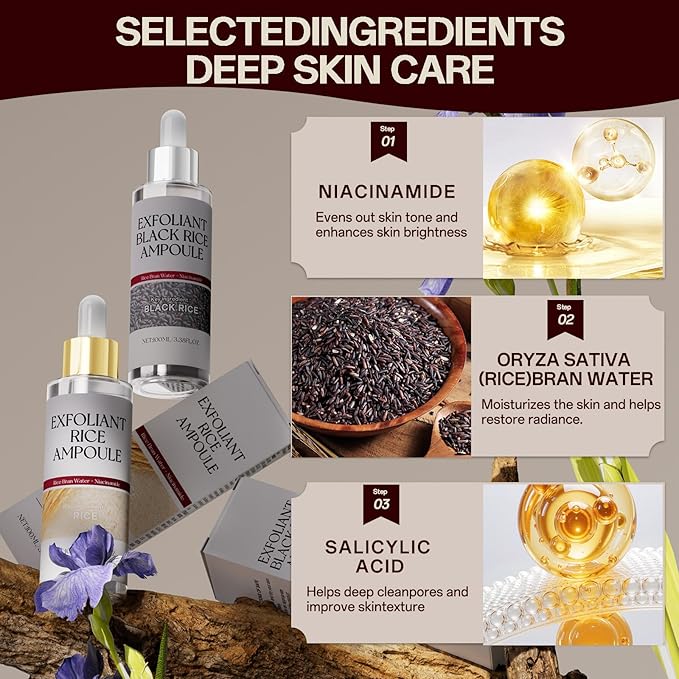 2-Pack Black & White Rice Exfoliating Ampoule, Gentle Rice Peel Facial & Body Treatment, Korean Skincare for All Skin Types with Dual Rice Enzymes