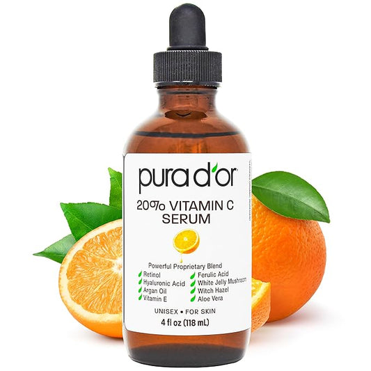 PURA D'OR 20% Vitamin C Serum 4 Oz - Lightweight Maximum Strength Formula - Retinol, Hyaluronic Acid, Ferulic Acid - Professional Grade Treatment For Face & Eyes, Wrinkles - Men & Women