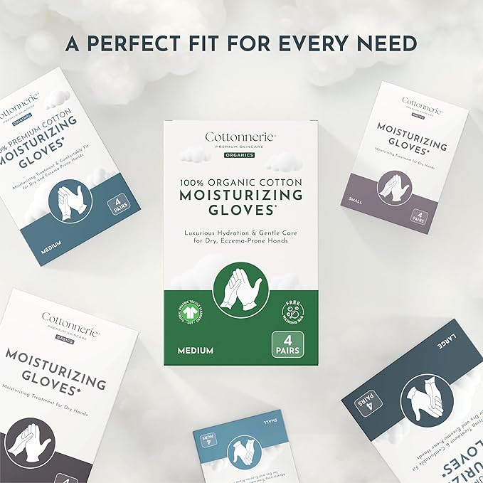 4 Pairs Cottonnerie Original Cotton Gloves for Dry Hands Sleeping, Moisturizing Gloves Overnight, Hand Moisturizer Gloves, Moisture Gloves for Dry Hands Overnight, Sleeping Gloves, Small