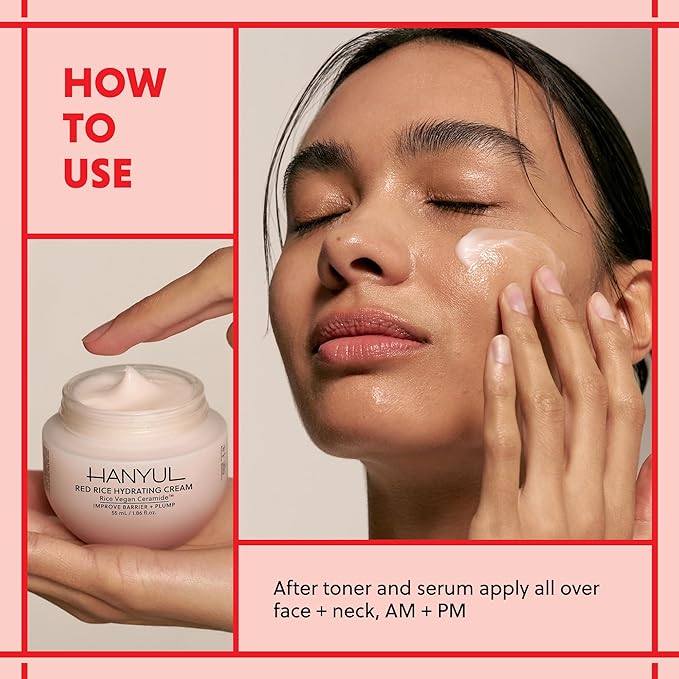 Hanyul Red Rice Hydrating Cream with Fermented Rice Extract, Collagen | Korean Vegan Ceramide Moisturizer for Deep Hydration, Radiant Skin Glow, Firming & Barrier Support, 1.86 fl. oz.
