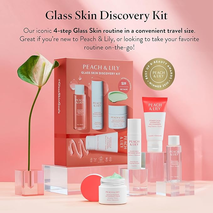 Peach & Lily - Glass Skin Discovery Kit (4 Products) - 1 Cleanser, 1 Essence, 1 Serum & 1 Cream - Skin Care Set - Acne Routine - Travel Essentials - Self Care - Vegan & Cruelty Free - Korean Beauty
