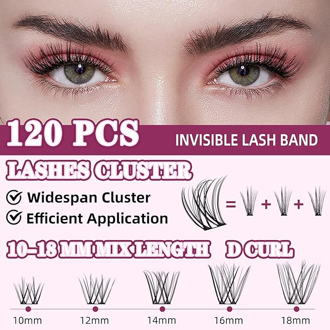 Natural Lash Clusters Kit 10-18mm Mix D Curl DIY Extension Eye Natural Lashes False Wispy EyeLash Cluster with Bond & Seal, Glue Remover, Tweezers(U26)