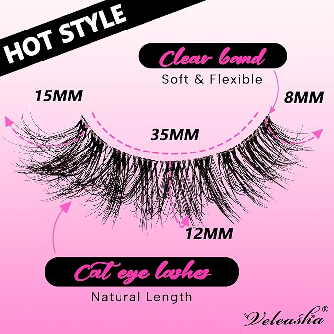 Veleasha Natural Lashes Fluffy Eyelashes Cat Eye Lashes 7 Pairs 8-15mm Clear Band False Eyelashes C Curl Wispy Faux Mink Lashes Soft 100% Handmade Fake Eyelashes (C01)
