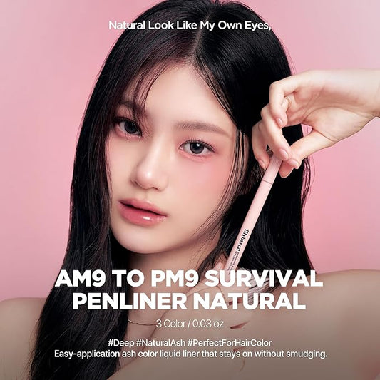lilybyred AM9 to PM9 Survival Penliner Natural | Korean Soft Ash Tone Liquid Eyeliner, 0.1mm Ultra-Fine Brush, Quick-Dry, Smudge-Proof, Layerable Ash Pigment, Buildable Color, 0.035 oz. (03 Ash Taupe)