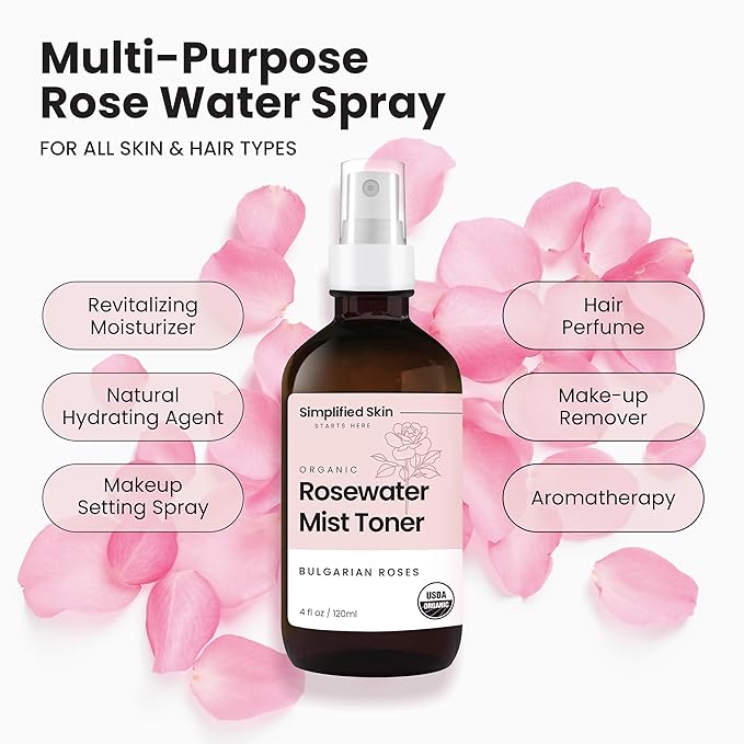 Rose Water Spray for Face & Hair – Pure USDA Organic Rosewater Toner – Refreshing Mist for Skin Care, Makeup & Locs – Natural Rose Scent, 4 Oz (3 Pack)