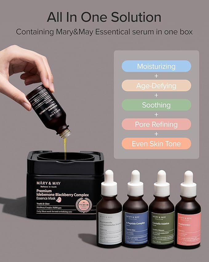 Mary&May Premium Idebenone Blackberry Complex Essence Mask - Quick Dispenser Type Anti Aging Korean Face Mask Sheet - Vitamin C, Panthenol, and Ceramide for Moisturizing and Radiant Skin, 20 Sheets
