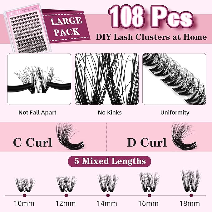 Lash Clusters kit 10-18mm DIY Lash Extension Kit 108 D Curl Fluffy Lashes Clusters 0.07D Individual Lashes Clusters False Eyelashes Natural Eye Lash Kits Extensions Kit