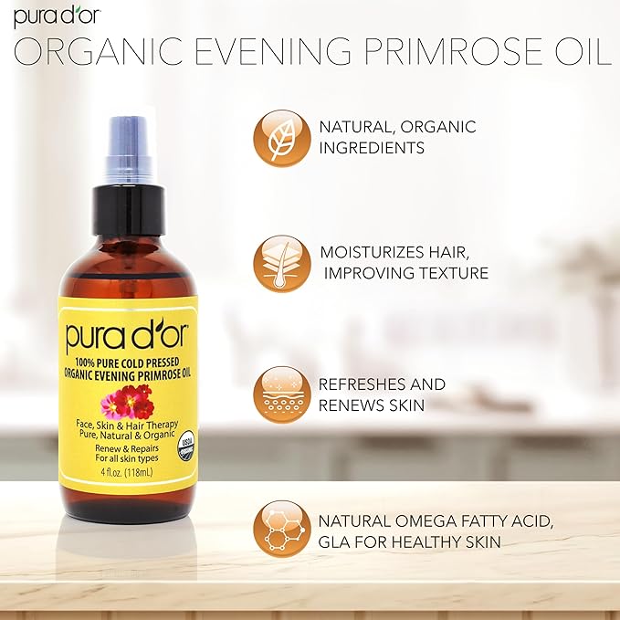 PURA D'OR Organic Evening Primrose Oil (4oz) 100% Pure Cold Pressed w/Natural Essential Fatty Acids & Antioxidant Rich - Moisturizes, Rejuvenates, Renews & Restores - Skin, Hair & Face