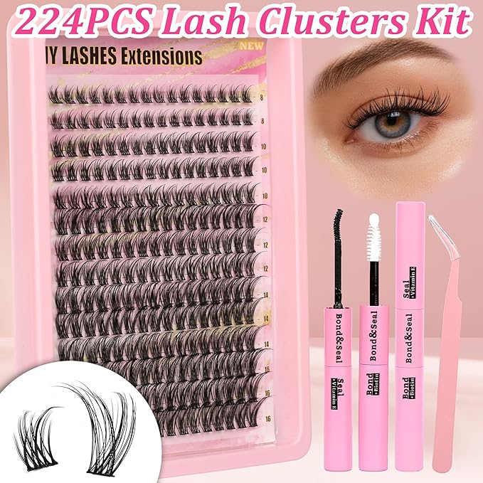 Gmagictobo Wispy Lash Clusters Natural Lash Clusters Kit C Curl D Curl Lashes Clusters 224Pcs Individual Lashes Lash Bond and Seal Lash Tweezers