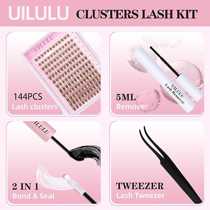Brown Lash Clusters Kit 10-18mm Wispy Lash Clusters D Curl Eyelash Clusters, DIY Lash Extension Kit with Lash Bond & Seal, Lash Glue Remover, Lash Tweezers
