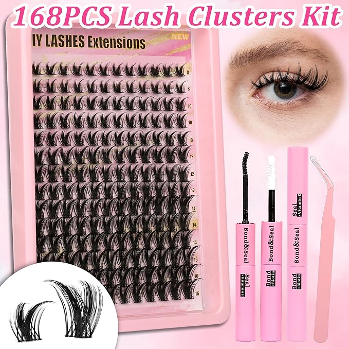 Gmagictobo Lash Clusters Kit Wispy Lash Clusters 168Pcs 8-16mm Volume Lashes Clusters C Curl Natural Individual Lashes Manga Lash Cluster Glue Lash Tweezers