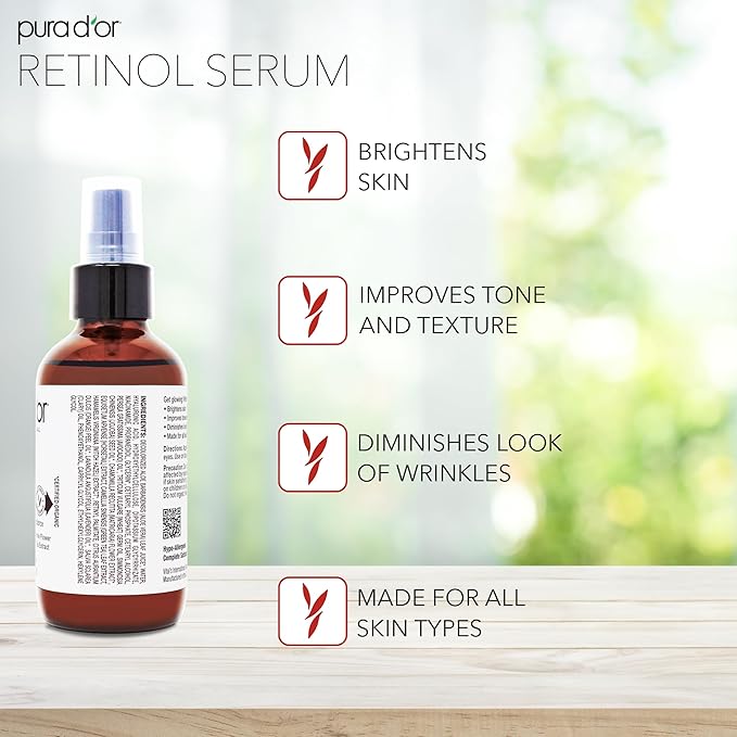 PURA D'OR 3.3 Oz Retinol Serum For Nighttime - Advanced PM Skin Care Formula - Anti-Aging Wrinkle Reducer for Radiant Skin - Natural Vitamin A & Collagen Booster - Fine Lines Treatment - Travel Size