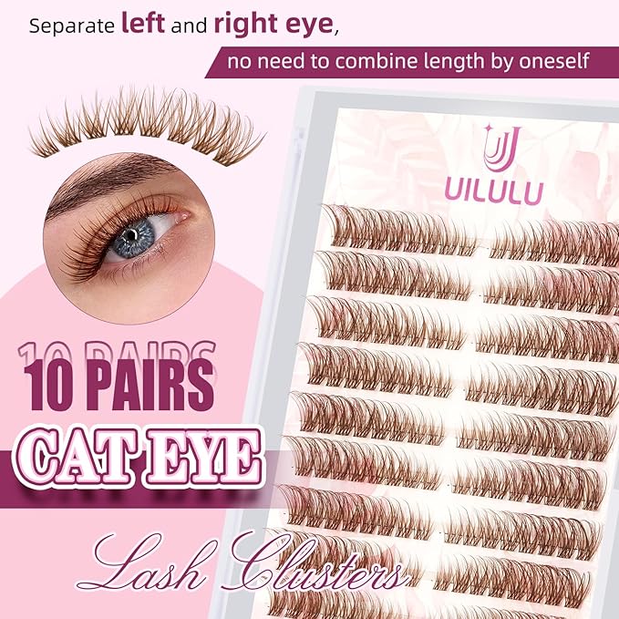 Brown Lash Clusters Kit Natural Lashes Extensions Wispy Eyelash Cluster 160pcs D Curl Left&Right with Bond & Seal, Glue Remover, Tweezers(U16)