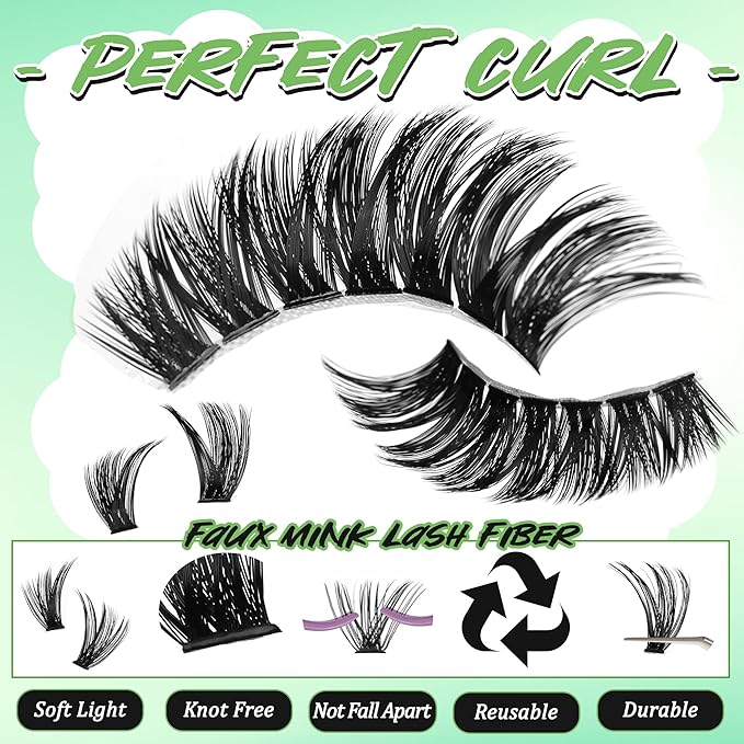 Gmagictobo Lash Clusters Cat Eye Lash Clusters Kit Volume DIY Individual Lashes Clusters Lash Extension Kit 530Pcs Thin Band Wispy Lash Clusters Lash Bond and Seal Lash Tweezers