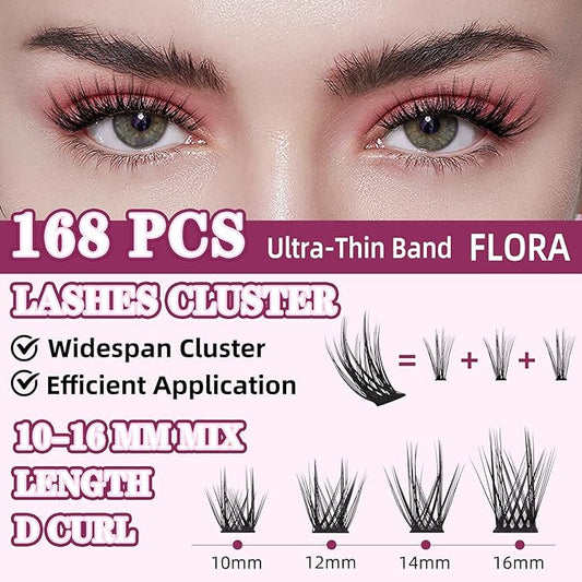 Lash Clusters Kit for DIY Lash Extension at Home, False Eyelashes Set with Bond and Seal, Lash Remover, Tweezers, D Curl Wispy Individual Clusters Eye Lash Extensions Kit (U24 DIY Lash Kit)