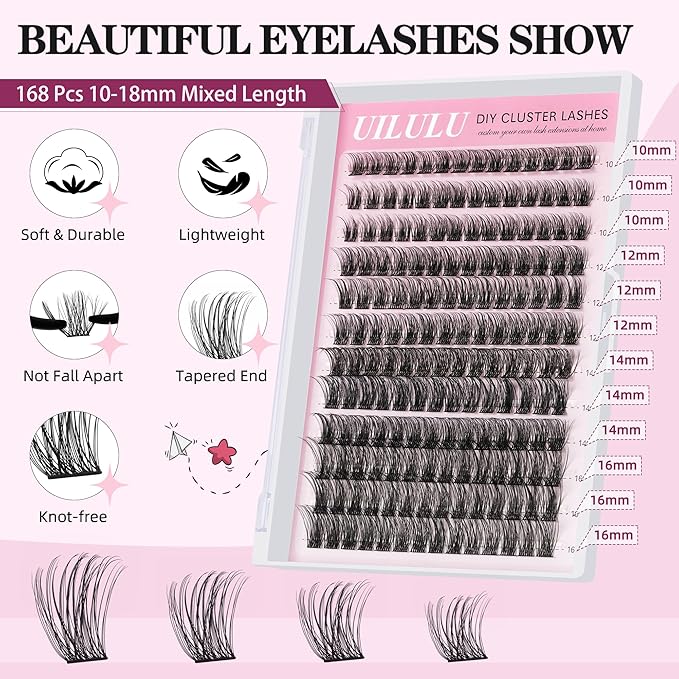 Lash Clusters kit 10-16mm DIY Lash Extension Kit 144 D Curl Fluffy Clusters Lashes 0.07D Individual Lashes Clusters False Eyelashes Set Eye Lash Kits Extensions Kit