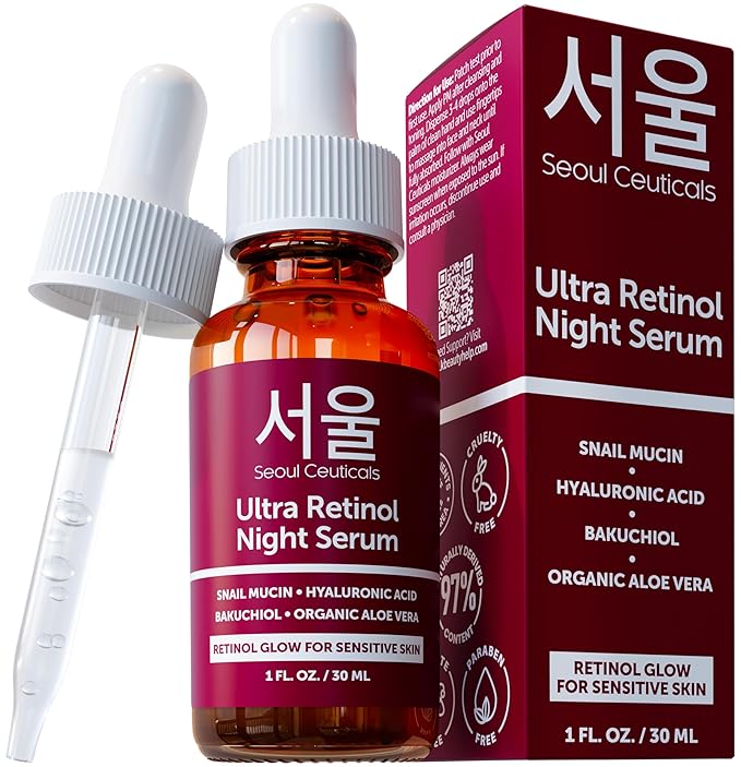 SeoulCeuticals 1% Korean Retinol Night Serum for Face - 97.5% Snail Mucin + Hyaluronic Acid + Bakuchiol, Cruelty Free K Beauty for Sensitive Skin 1oz