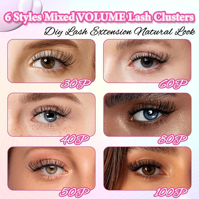 Gmagictobo Lash Clusters Kit Wispy Lash Clusters 595Pcs Individual Lashes Clusters Thin Band Lash Extension Kit Lash Glue and Lash Tweezers