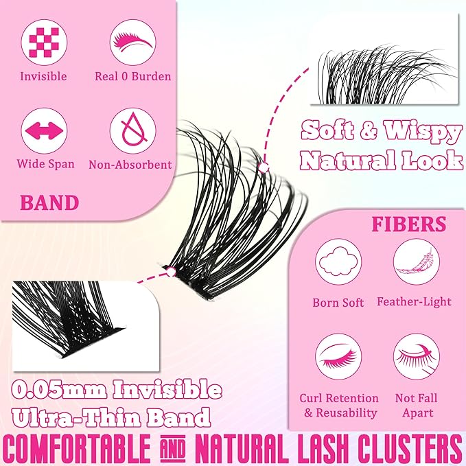Gmagictobo Lash Clusters Kit Wispy Lash Clusters 595Pcs Individual Lashes Clusters Thin Band Lash Extension Kit Lash Glue and Lash Tweezers