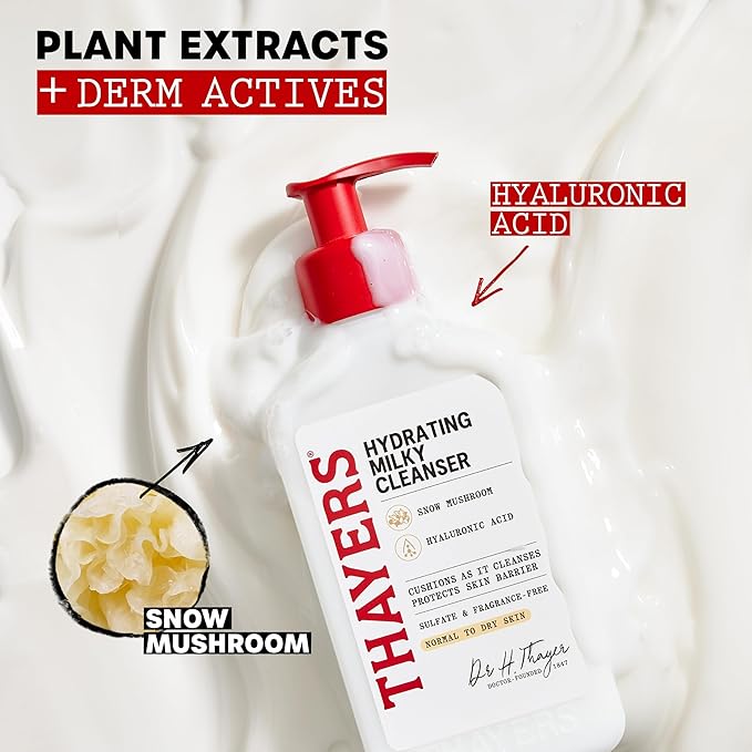 THAYERS Milky Hydrating Face Cleanser with Snow Mushroom, Hyaluronic Acid, Dermatologist Recommended Gentle Facial Wash, Hydrating Skincare for Dry, Sensitive Skin, Paraben Free, 8 FL Oz, Clear