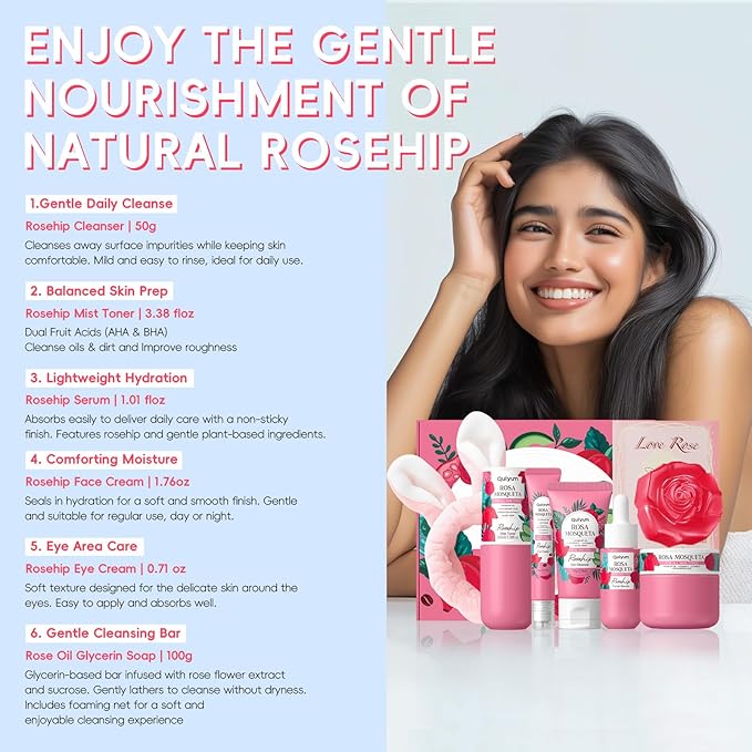 Rosehip Skin Care Sets, Gift Sets for Women, 6 Daily Routine Beauty Skincare- with Face Cleanser, Toner, Eye Cream, Cream, Serum, Handmade Soap, Facial Skin Care Product for Travel