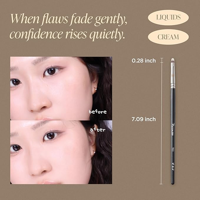 Piccasso 712 Concealer Brush – Precision Brush for Spot Coverage, Under Eye Concealer, and Lip Line Detailing, Ideal for Cream and Liquid Concealers, Korean Face Makeup Tool