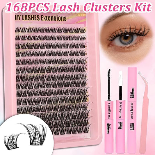 Gmagictobo Wispy Lash Clusters Kit Fairy Lashes Clusters 168Pcs 8-16mm Natural Lash Clusters Volume Lash Extension Kit Individual Lashes Lash Cluster Glue Lash Tweezers