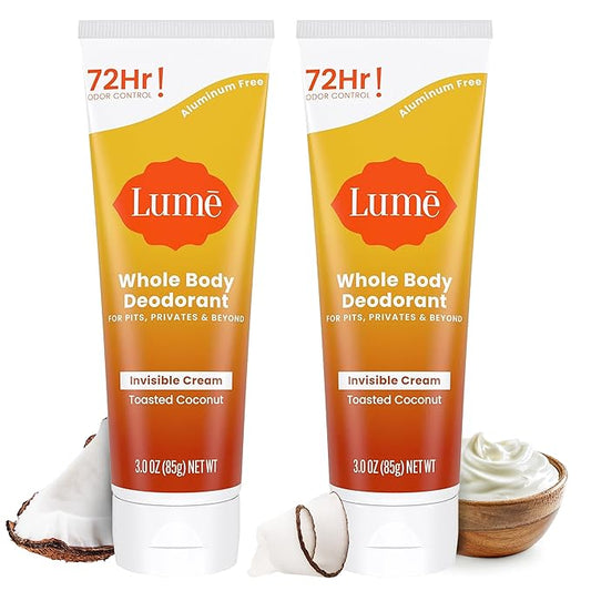 Lume Whole Body Deodorant - Invisible Cream Tube - 72 Hour Odor Control - Aluminum Free, Baking Soda Free, Skin Safe - 3.0 ounce (Pack of 2) (Toasted Coconut)