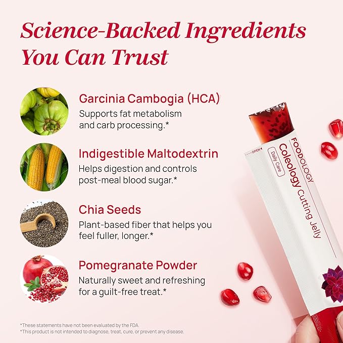 FOODOLOGY Coleology Cutting Jelly (10 Days) - Garcinia Cambogia (HCA) Jelly Sticks. Delicious Pomegranate Flavored. Chia Seeds, Collagen.