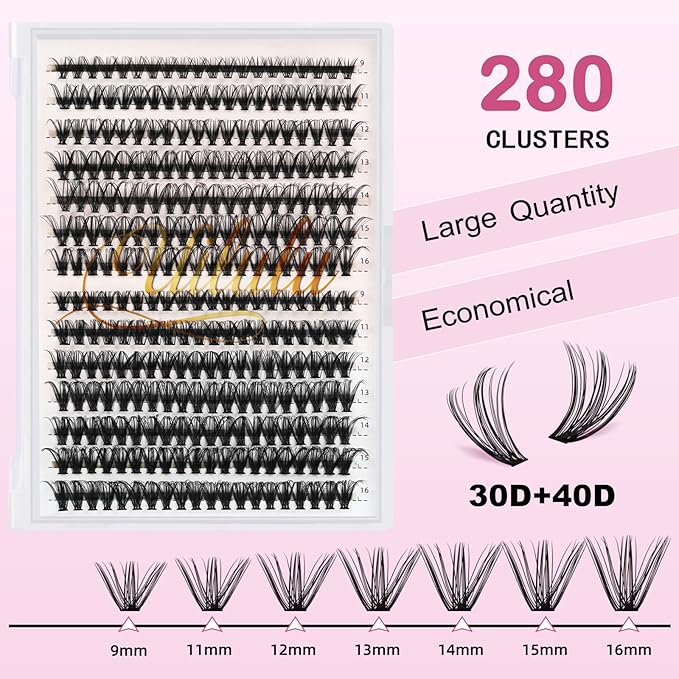 Lash Clusters Individual Lashes D Curl 30+40D 0.07D 9-16 MIX 280 Clusters Lashes DIY Lash Extensions at Home False Lashes Wispy Eye Lash Clusters