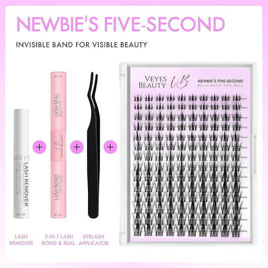 VEYESBEAUTY Lash Clusters Kit Eyelash Extensions Thin & Invisible Band DIY Individual False Eyelashes Newbie's Five-Second Series Wispy Lash Tray for Self-application, Manga Lash 8-16mm Mixed Length
