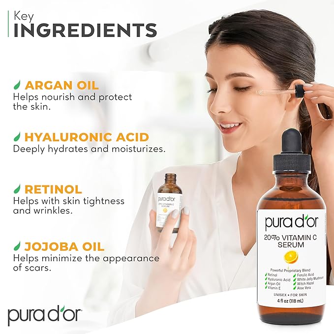PURA D'OR 20% Vitamin C Serum 4 Oz - Lightweight Maximum Strength Formula - Retinol, Hyaluronic Acid, Ferulic Acid - Professional Grade Treatment For Face & Eyes, Wrinkles - Men & Women