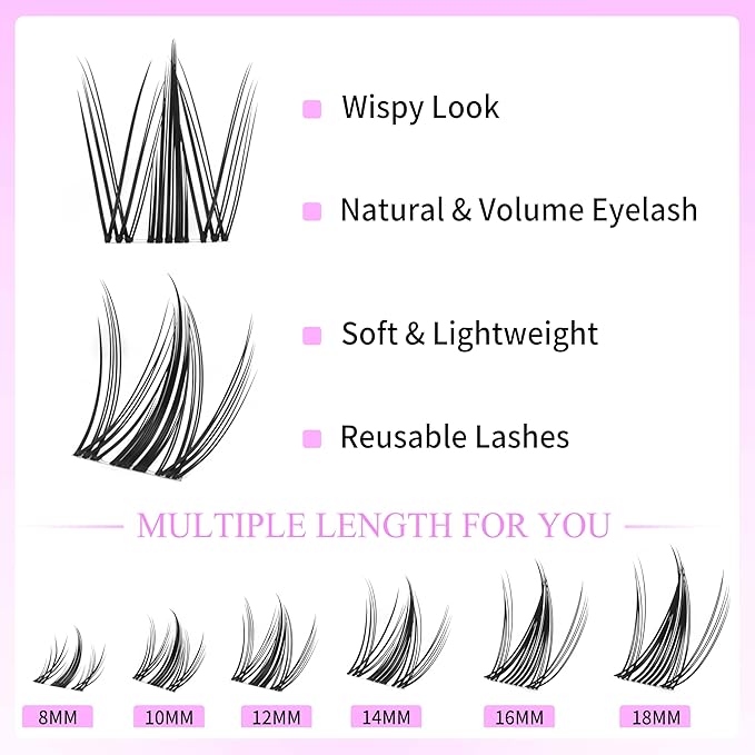 VEYESBEAUTY Lash Clusters Kit Eyelash Extensions Thin & Invisible Band DIY Individual False Eyelashes Newbie's Five-Second Series Wispy Lash Tray for Self-application, Manga Lash 8-16mm Mixed Length