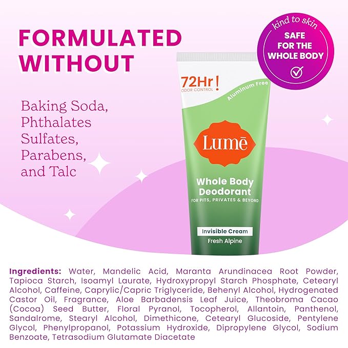 Lume Whole Body Deodorant - Invisible Cream Tube - 72 Hour Odor Control - Doctor Developed - Aluminum Free, Baking Soda Free and Skin Loving - 3.0 Ounce, (Pack of 2) (Fresh Alpine)