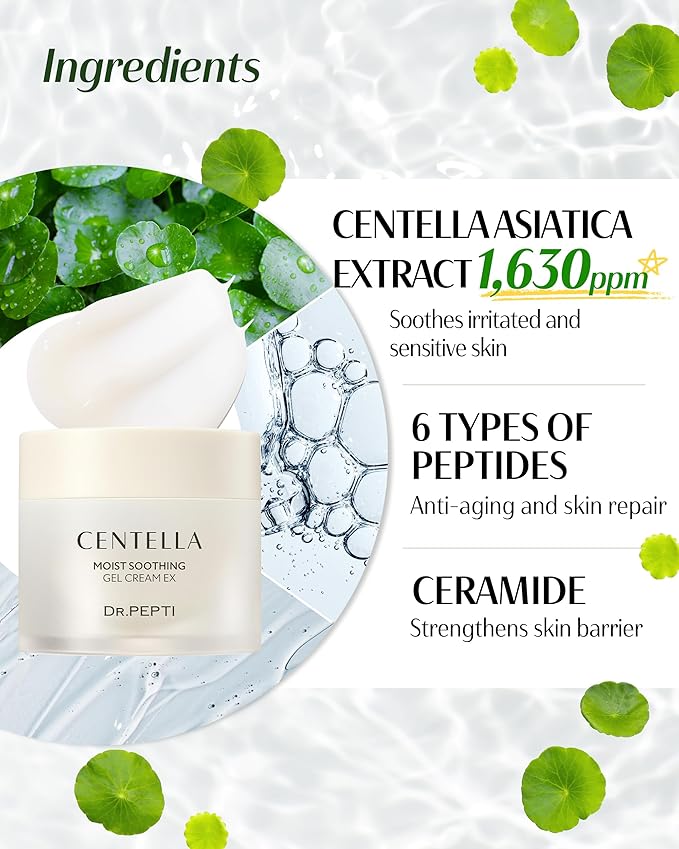 dr.pepti Centella Moist Soothing Gel Cream EX - Korean Face Moisturizer Cooling Hydrating for Sensitive Irritated Skin - Hyaluronic Acid Peptides Ceramide Makeup Booster Cream, 2.37 fl.oz