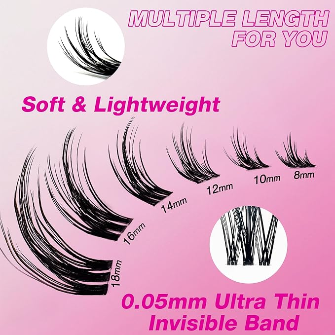 VEYESBEAUTY Lash Clusters Eyelash Extensions Thin & Invisible Band DIY Individual False Eyelashes Newbie's Five-Second Series Wispy Lash Tray for Self-application, Camellia Lashes 8-18mm Mixed Length