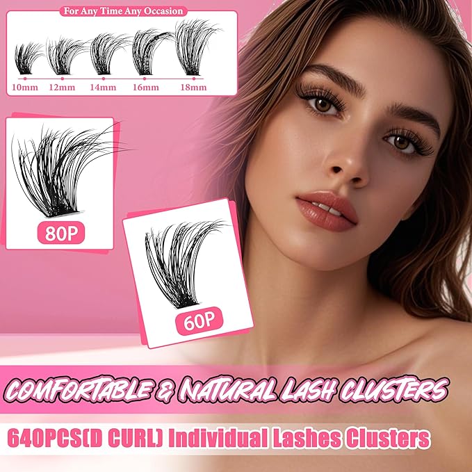 Gmagictobo Volume Lash Extension Kit Thick Cluster Eyelash Extensions 10-18MM Lash Clusters 640Pcs Individual Lash Extensions DIY Lashes Clusters with Lash Bond and Seal Lash Tweezers