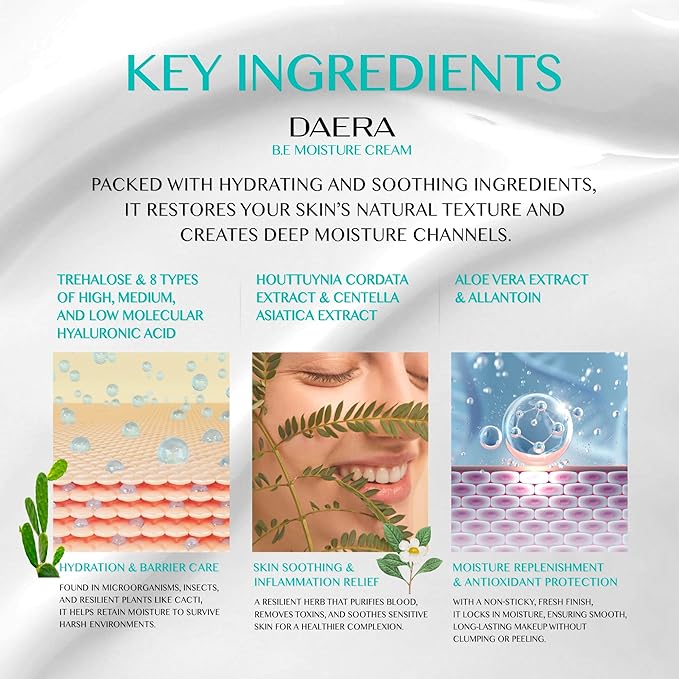 DAERA B.E Cream- Korean Moisturizer, Lightweight All Skin Type, Sensitive Skin, Trahalose & Hyaluronic Acid, Centella Asiatica,Fast Absorbing, Lightweight, Korean Skin Care (3.38 oz)