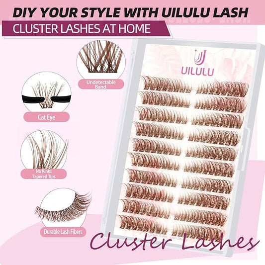 Brown Lash Clusters Natural Lash Extensions Wispy Eyelash Clusters 160pcs D Curl Left&Right Cluster Eyelashes Extensions Individual Cluster Lashes (U16 Lashes Only)
