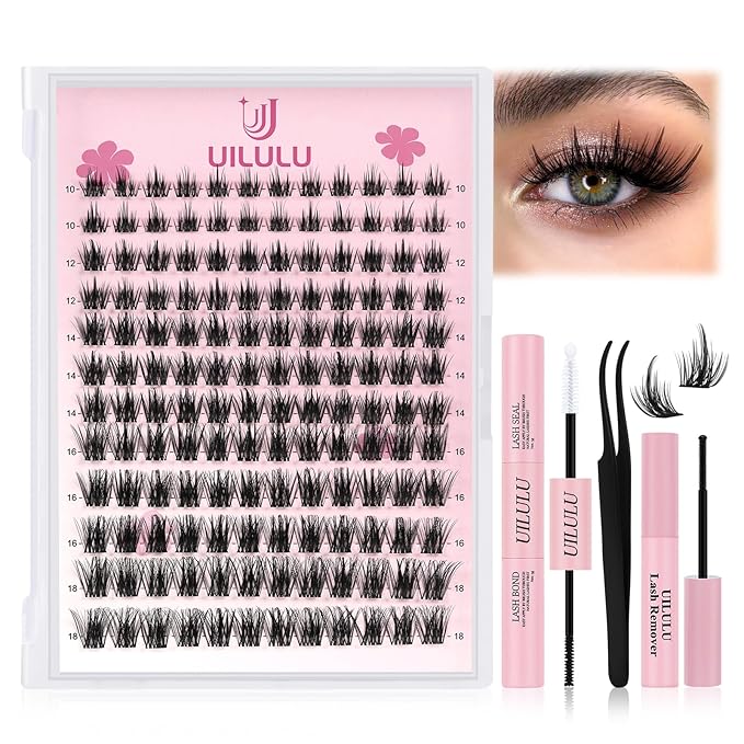 Lash Clusters Kit 10-18mm Natural Lashes Clusters D Curl False Eyelash Clusters, DIY Lash Extension Kit with Lash Bond & Seal, Lash Glue Remover, Lash Tweezers