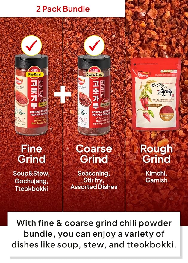 Korean Food 100% Korean Chili Powder Bundle – Fine (3.53oz / 100g) & Coarse (3.53oz / 100g) Red Pepper Powder for Soups, Stir-fry & Kimchi