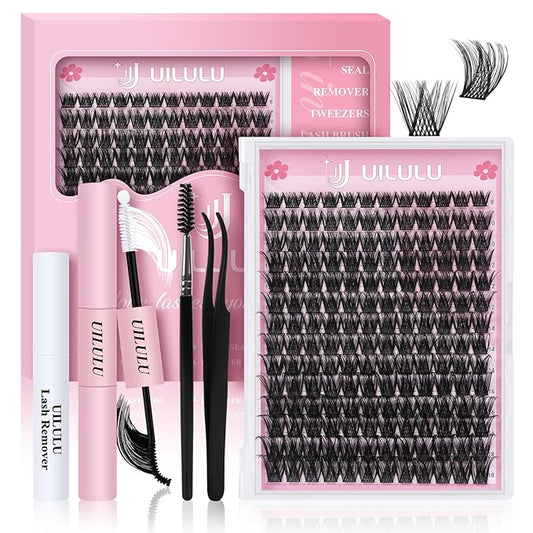 Lash Clusters Kit for DIY Lash Extension at Home, False Eyelashes Set with Bond Seal, Lash Remover, Brush, Tweezers, D Curl Wispy Individual Clusters Eye Lash Extensions (U04 DIY Lash Kit)