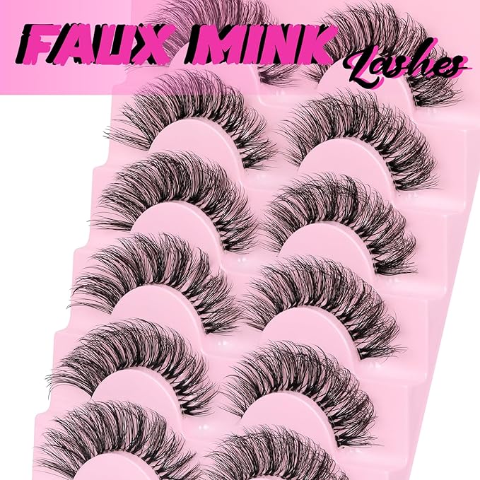Veleasha Russian Strip Lashes Faux Mink Lashes Fluffy Eyelashes 7 Pairs 12-19mm Clear Band False Eyelashes Looks Like Eyelash Extensions D Curl Fake Eyelashes (DT01)
