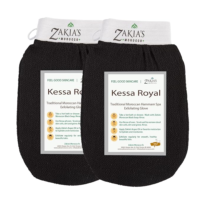 Moroccan Kessa Exfoliating Glove - Value Pack (2 piece) Black- Microdermabrasion exfoliating mitts, Removes unwanted dead skin, dirt and grime and Keratosis Pilaris. Great for spray tan removal.