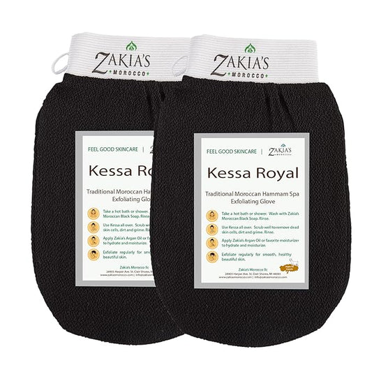 Moroccan Kessa Exfoliating Glove - Value Pack (2 piece) Black- Microdermabrasion exfoliating mitts, Removes unwanted dead skin, dirt and grime and Keratosis Pilaris. Great for spray tan removal.